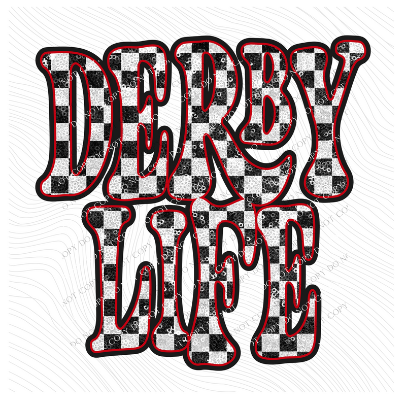 Derby Life Vintage Shadow Outline in Faux Sequin Checkers in White, Red and Black Digital Design, PNG Only