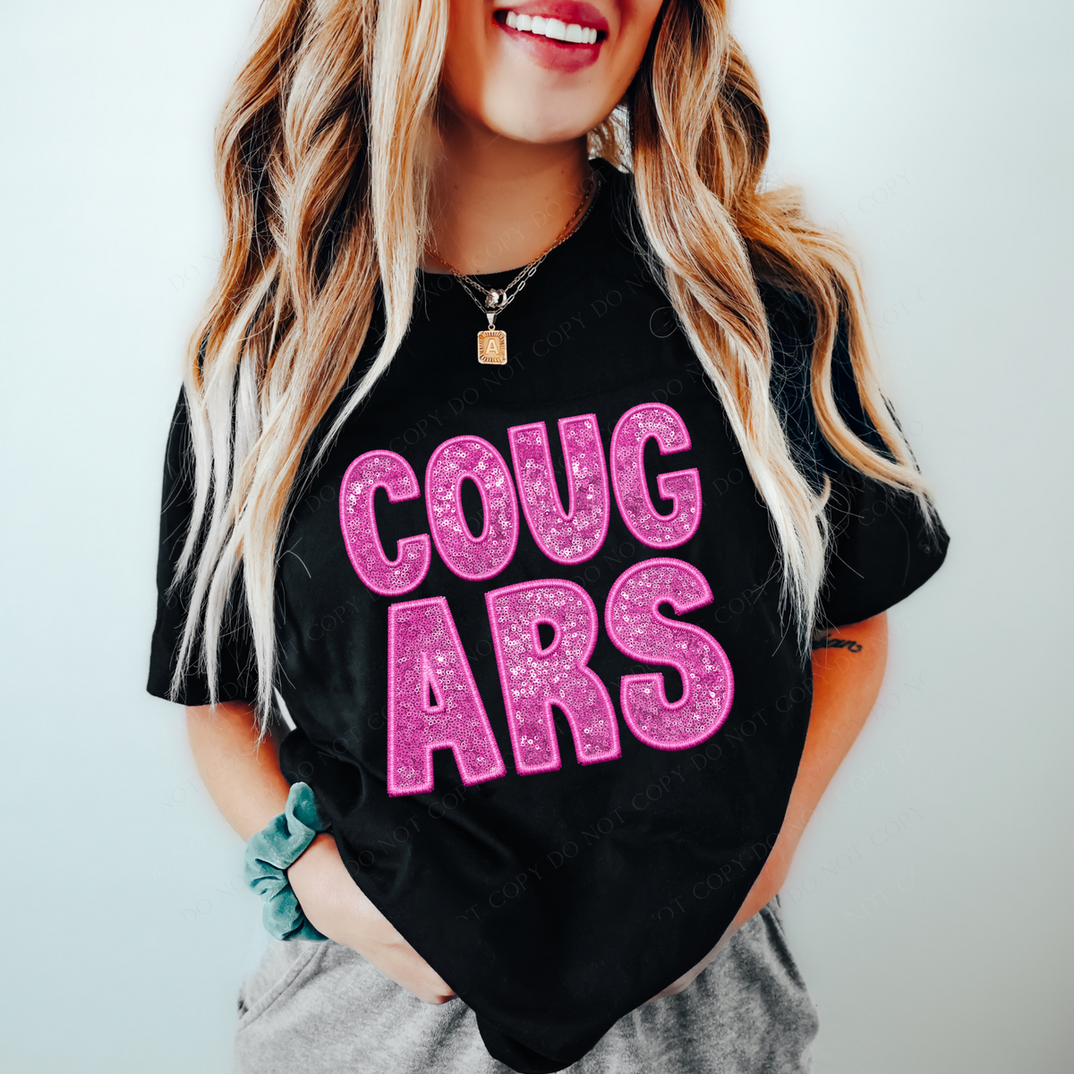 Cougars Embroidery & Sequin in Pink Mascot Digital Design, PNG