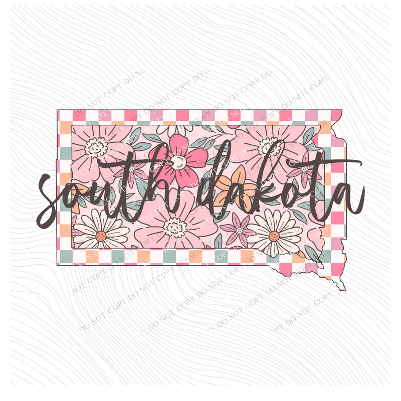 South Dakota Checkered Floral in Summery Colors Digital Design, PNG