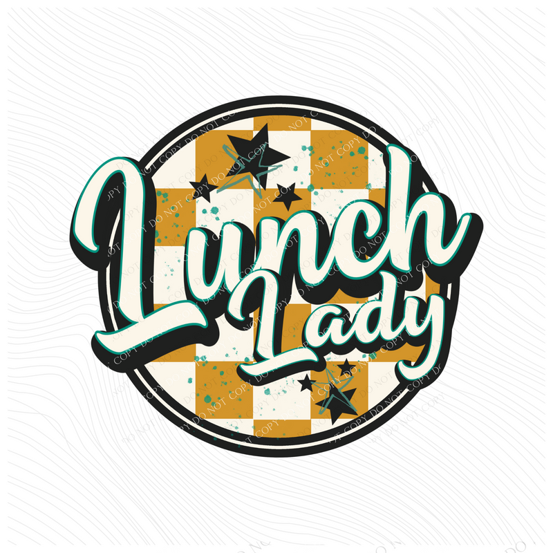 Lunch Lady Mustard Checkered Circle with Stars School Digital Design, PNG