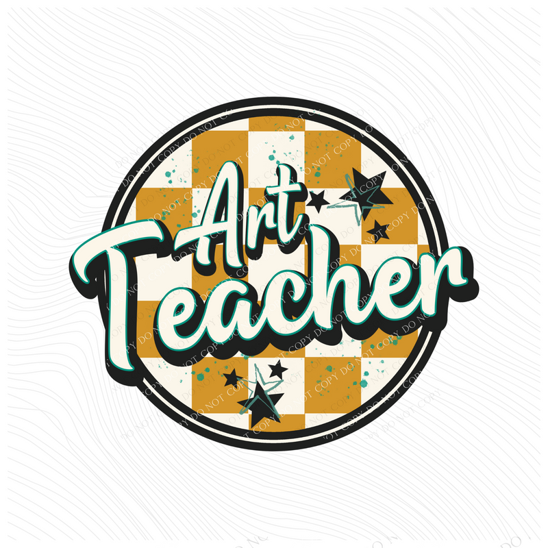 Art Teacher Mustard Checkered Circle with Stars School Digital Design, PNG