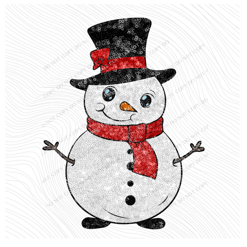Sparkly Fun Snowman with Top Hat & Scarf in Faux Sequin Digital Design, PNG