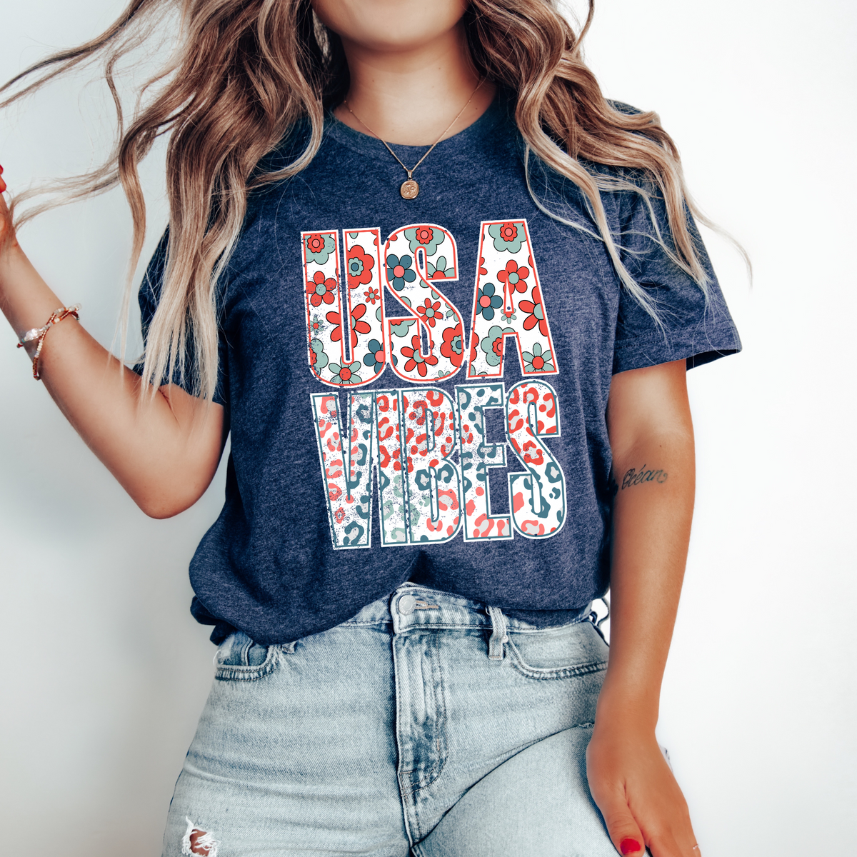 USA Vibes Retro Floral and Leopard Red, White & Blue Distressed Patriotic Digital Design, PNG