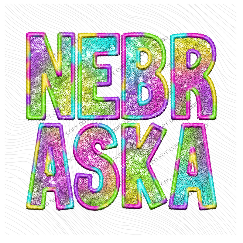 Nebraska Faux Embroidery & Sequin in Colorful Fun Tie Dye Digital Download, PNG