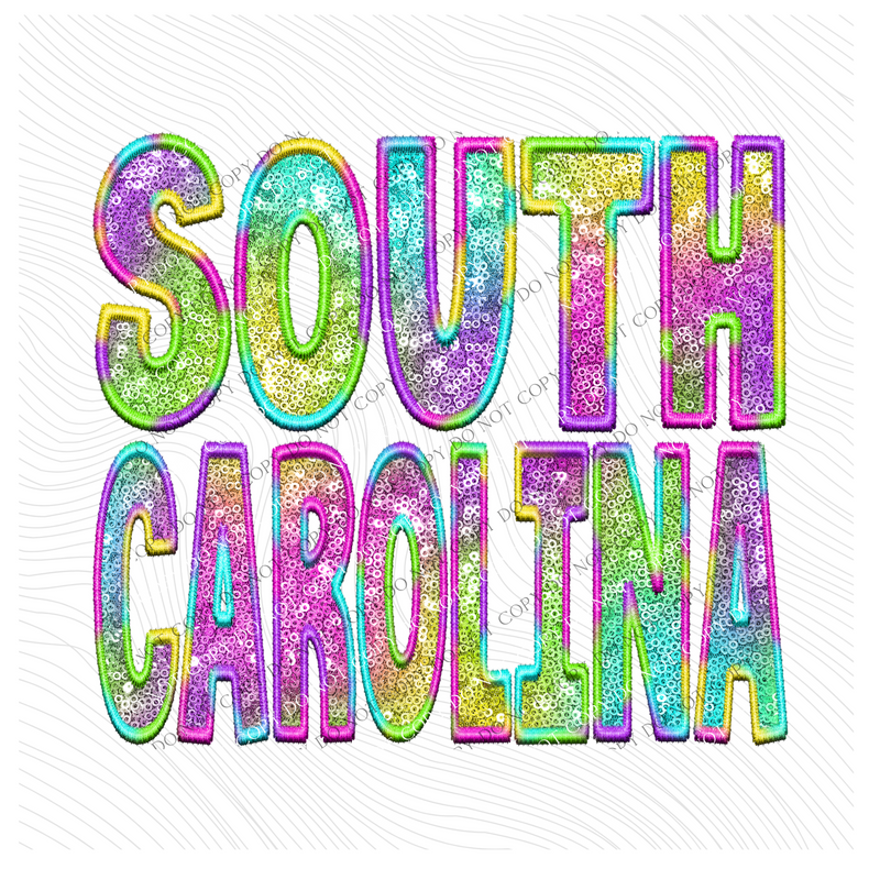 South Carolina Faux Embroidery & Sequin in Colorful Fun Tie Dye Digital Download, PNG