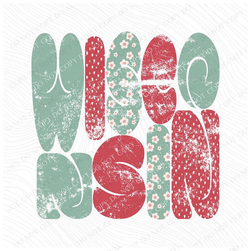 Wisconsin Chubby Retro Distressed Daisies in tones of Greens & Reds Digital Design, PNG