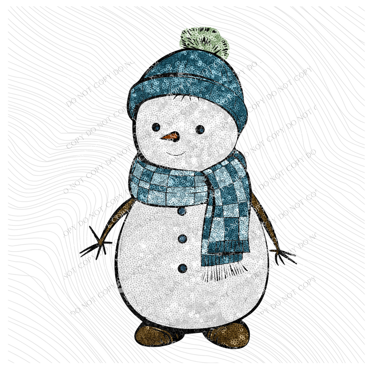 Sparkly Fun Snowman with Hat & Checkered Scarf in Faux Sequin Digital Design, PNG