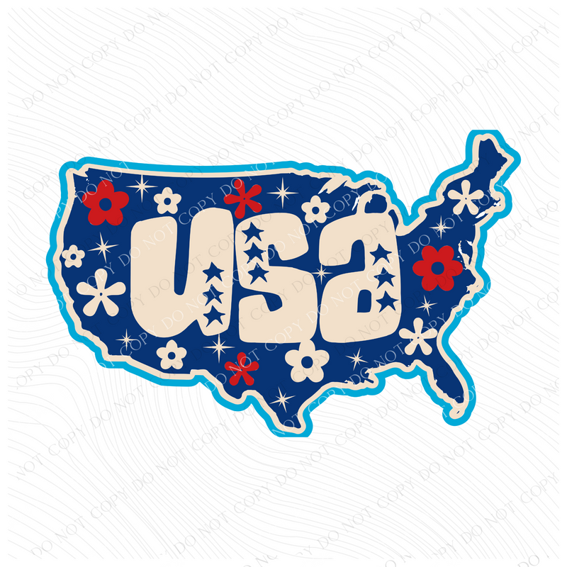 USA Retro Floral Cutout with Stars. Red, White & Blue Patriotic Digital Design, PNG