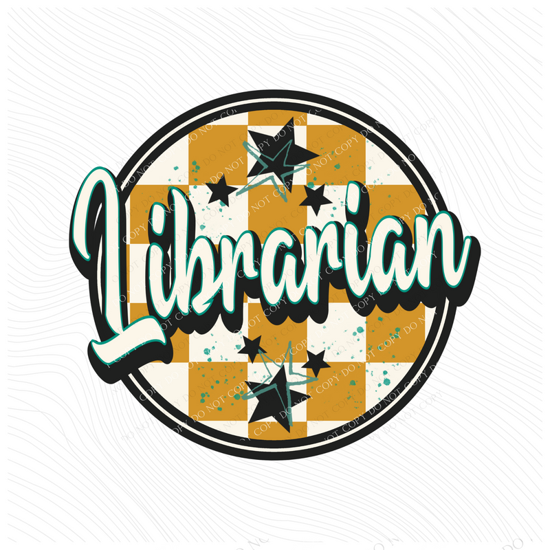 Librarian Mustard Checkered Circle with Stars School Digital Design, PNG