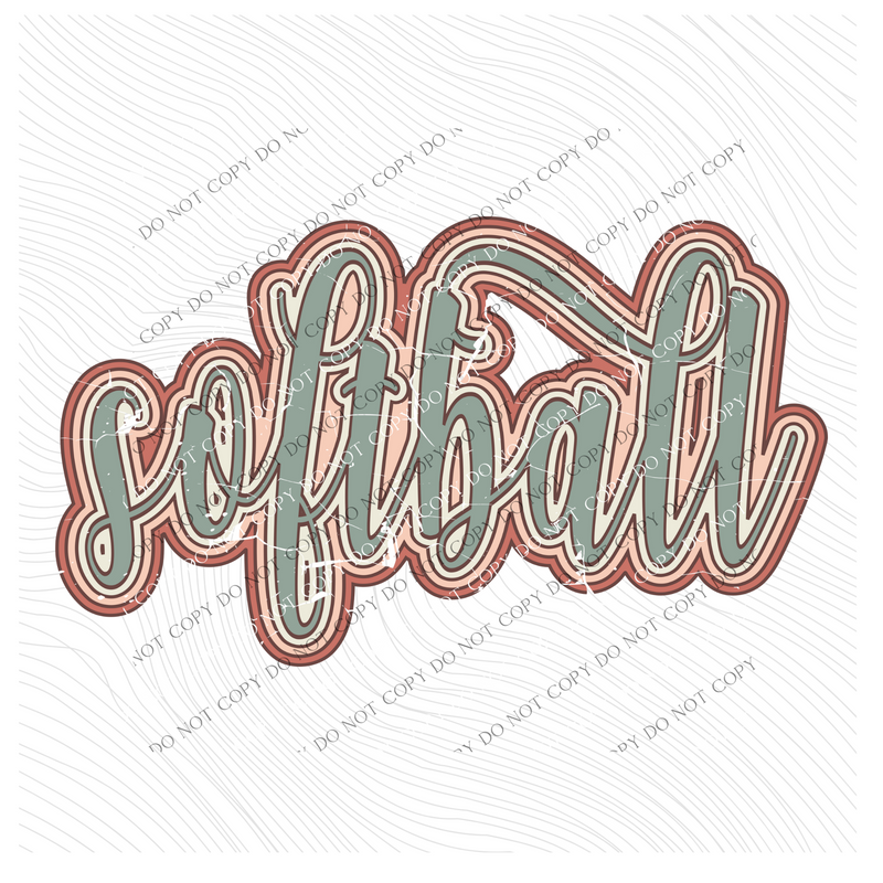 Softball Boho Scroll Stacked Distressed in Muted Boho Colors Digital Design, PNG Only
