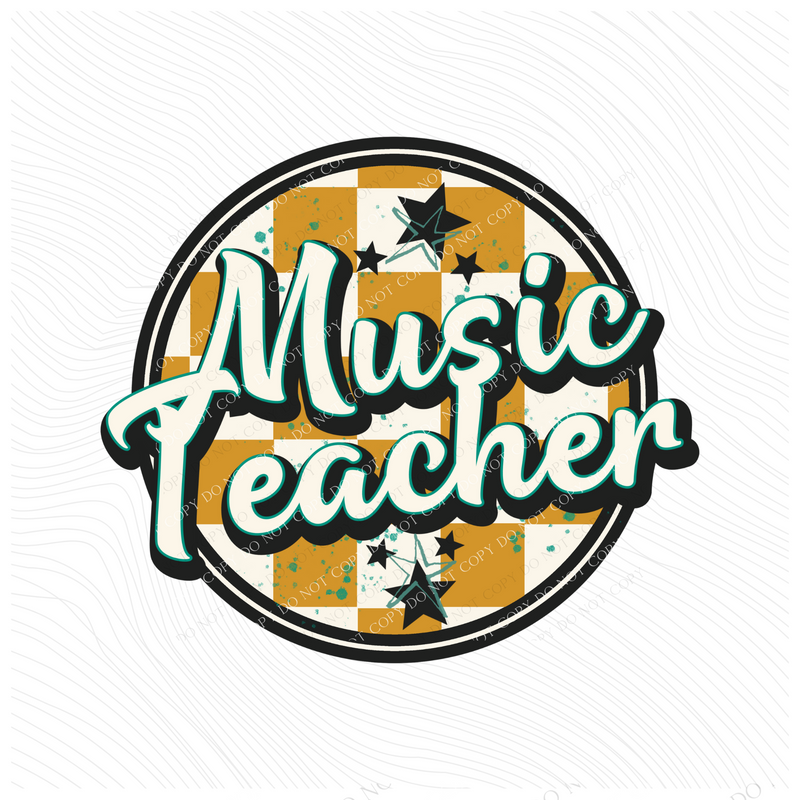 Music Teacher Mustard Checkered Circle with Stars School Digital Design, PNG