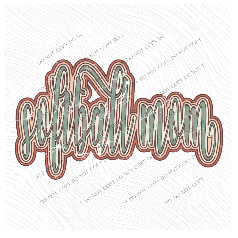 Softball Mom Boho Scroll Stacked Distressed in Muted Boho Colors Digital Design, PNG Only