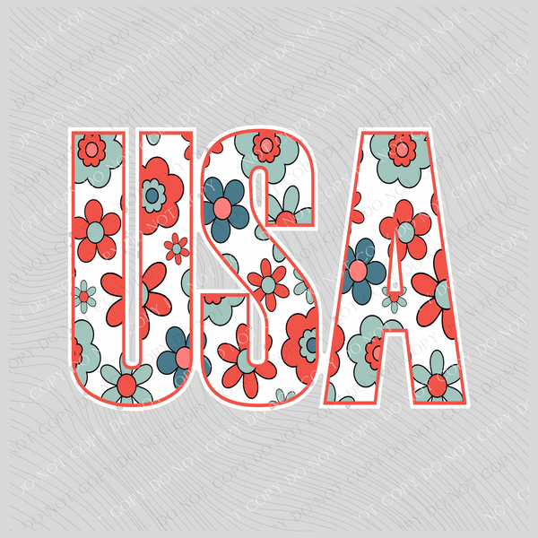 USA Retro Floral Red, White & Blue Distressed Patriotic Digital Design, PNG