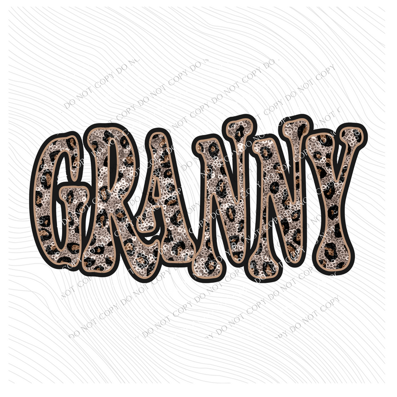 Granny Vintage Shadow Outline in Faux Sequin Leopard Digital Design, PNG Only