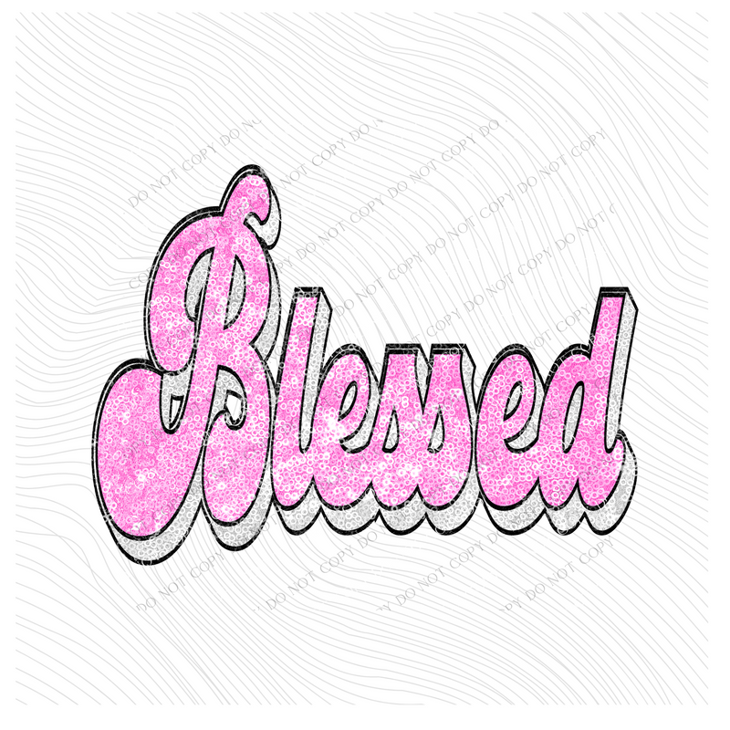 Blessed Faux Sequin Retro Shadow Pink & White Christmas Digital Download, PNG
