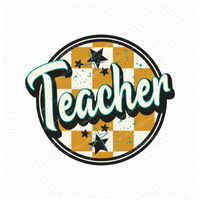 Teacher Mustard Checkered Circle with Stars School Digital Design, PNG