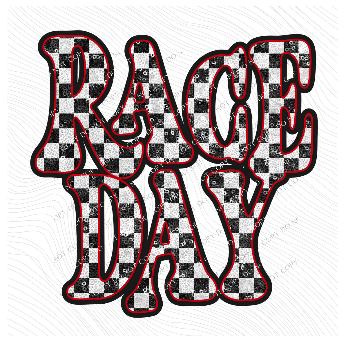 Race Day Vintage Shadow Outline in Faux Sequin Checkers in White, Red and Black Digital Design, PNG Only