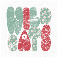 Wildcats Chubby Retro Distressed Daisies in tones of Greens & Reds Digital Design, PNG