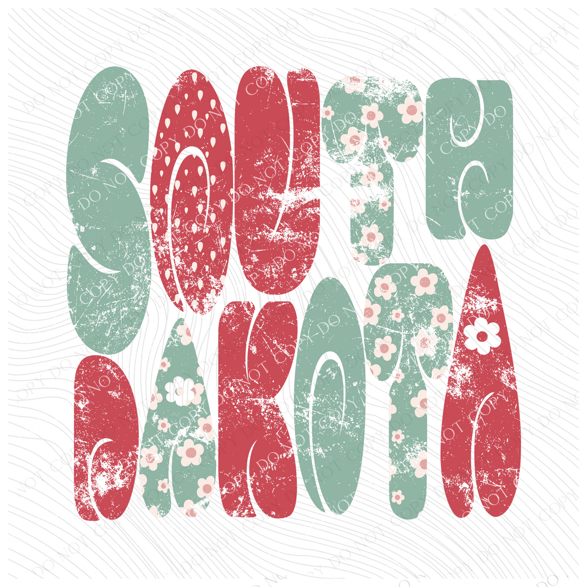 South Dakota Chubby Retro Distressed Daisies in tones of Greens & Reds Digital Design, PNG