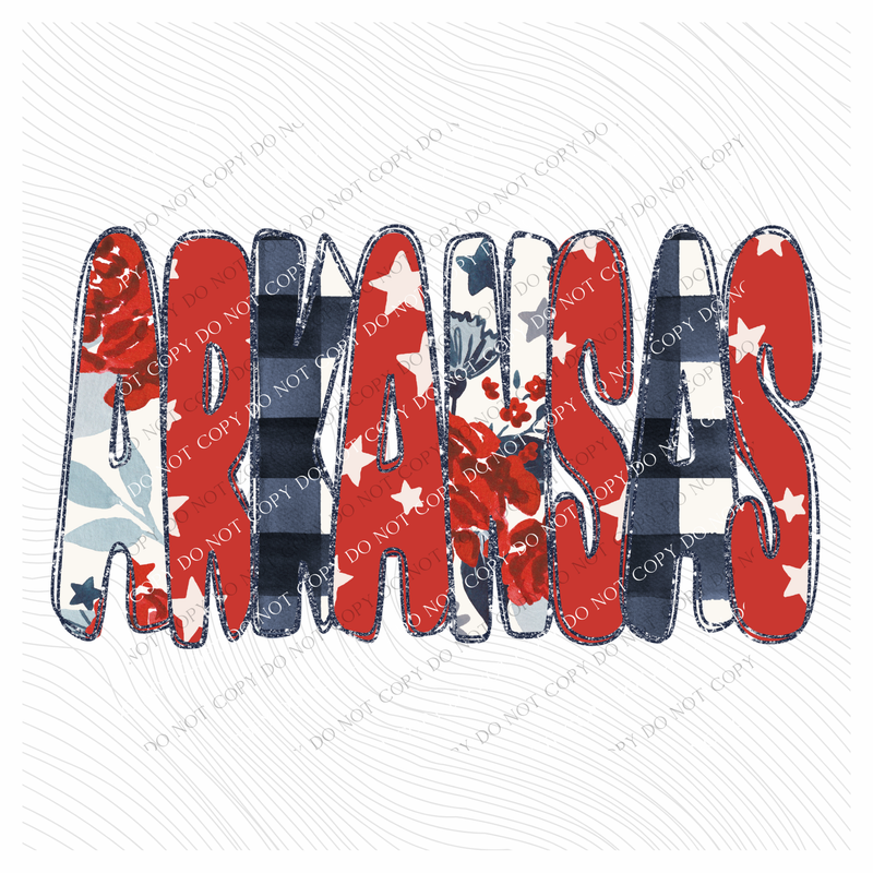 Arkansas Glitter, Floral, Gingham & Stars Patriotic Digital Design, PNG