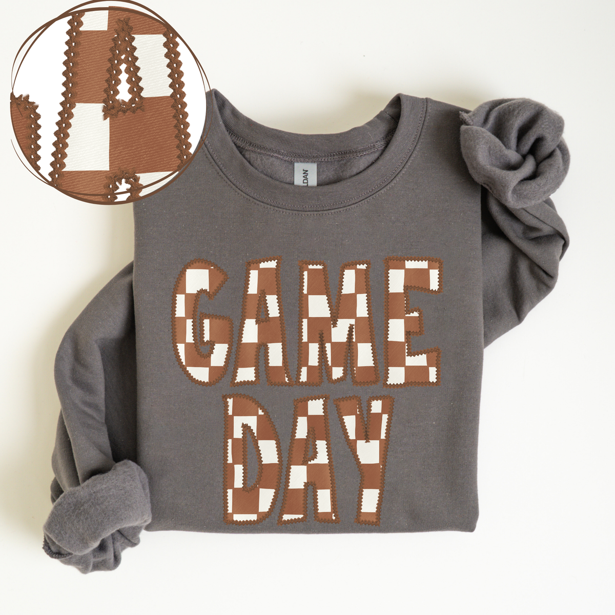 Game Day Stitched Checkered Fabric Digital Design in Brown & White, PNG