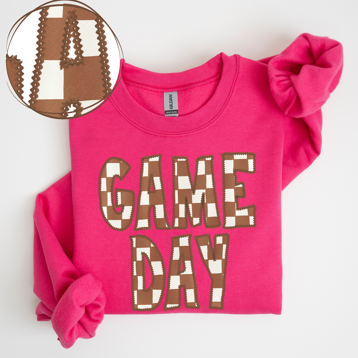Game Day Stitched Checkered Fabric Digital Design in Brown & White, PNG
