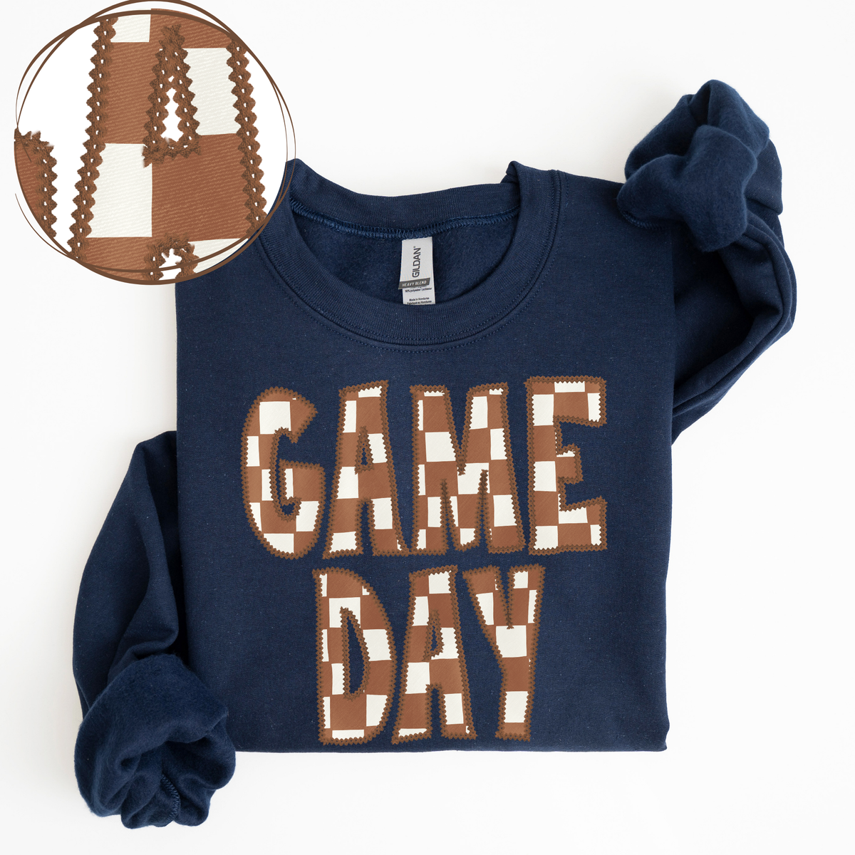 Game Day Stitched Checkered Fabric Digital Design in Brown & White, PNG