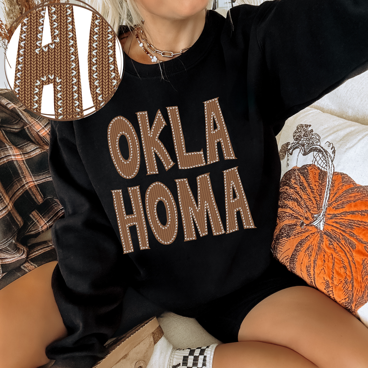 Oklahoma Knitted Stitched Patch Digital Design in Brown, PNG