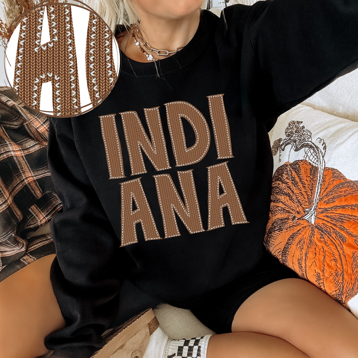 Indiana Knitted Stitched Patch Digital Design in Brown, PNG