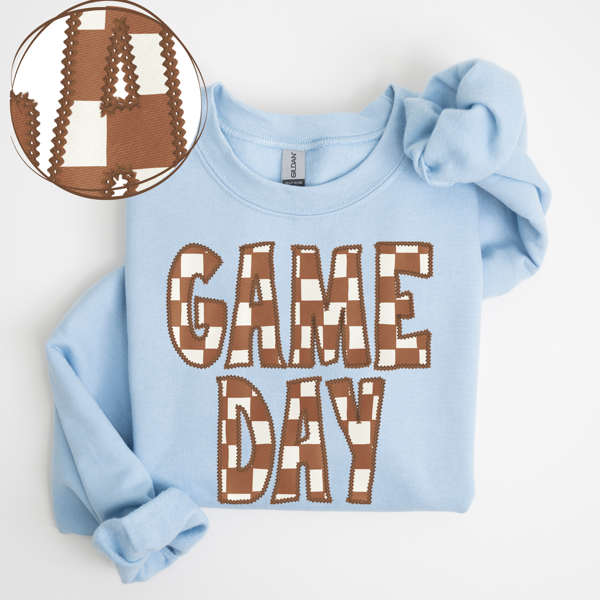 Game Day Stitched Checkered Fabric Digital Design in Brown & White, PNG