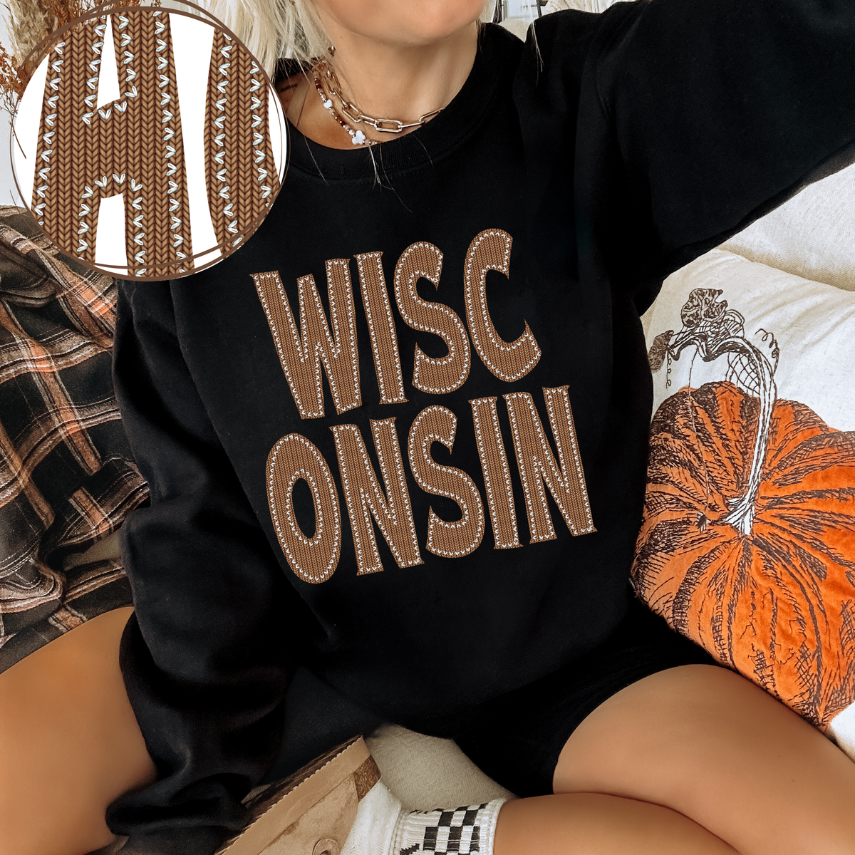Wisconsin Knitted Stitched Patch Digital Design in Brown, PNG