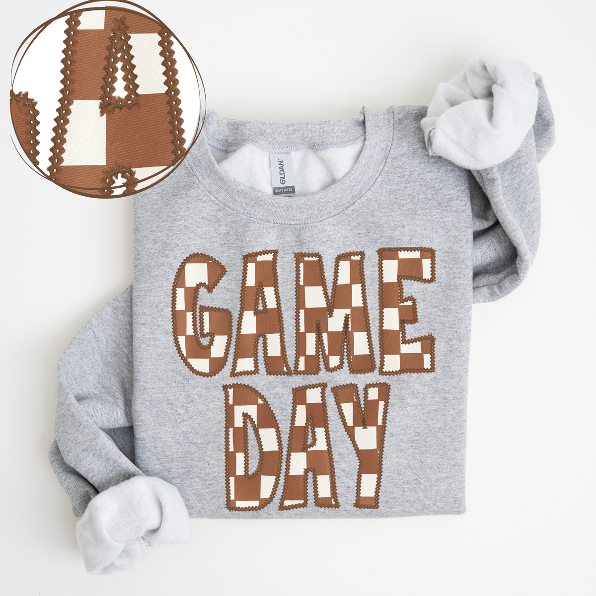 Game Day Stitched Checkered Fabric Digital Design in Brown & White, PNG