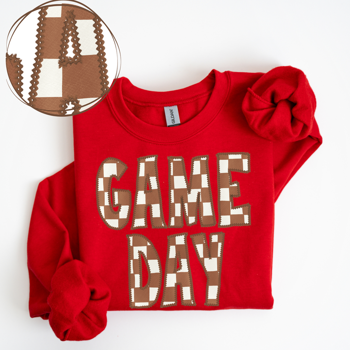 Game Day Stitched Checkered Fabric Digital Design in Brown & White, PNG