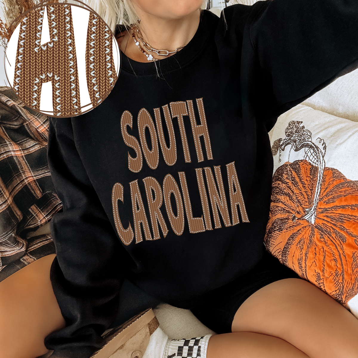 South Carolina Knitted Stitched Patch Digital Design in Brown, PNG