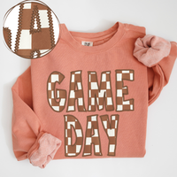 Game Day Stitched Checkered Fabric Digital Design in Brown & White, PNG