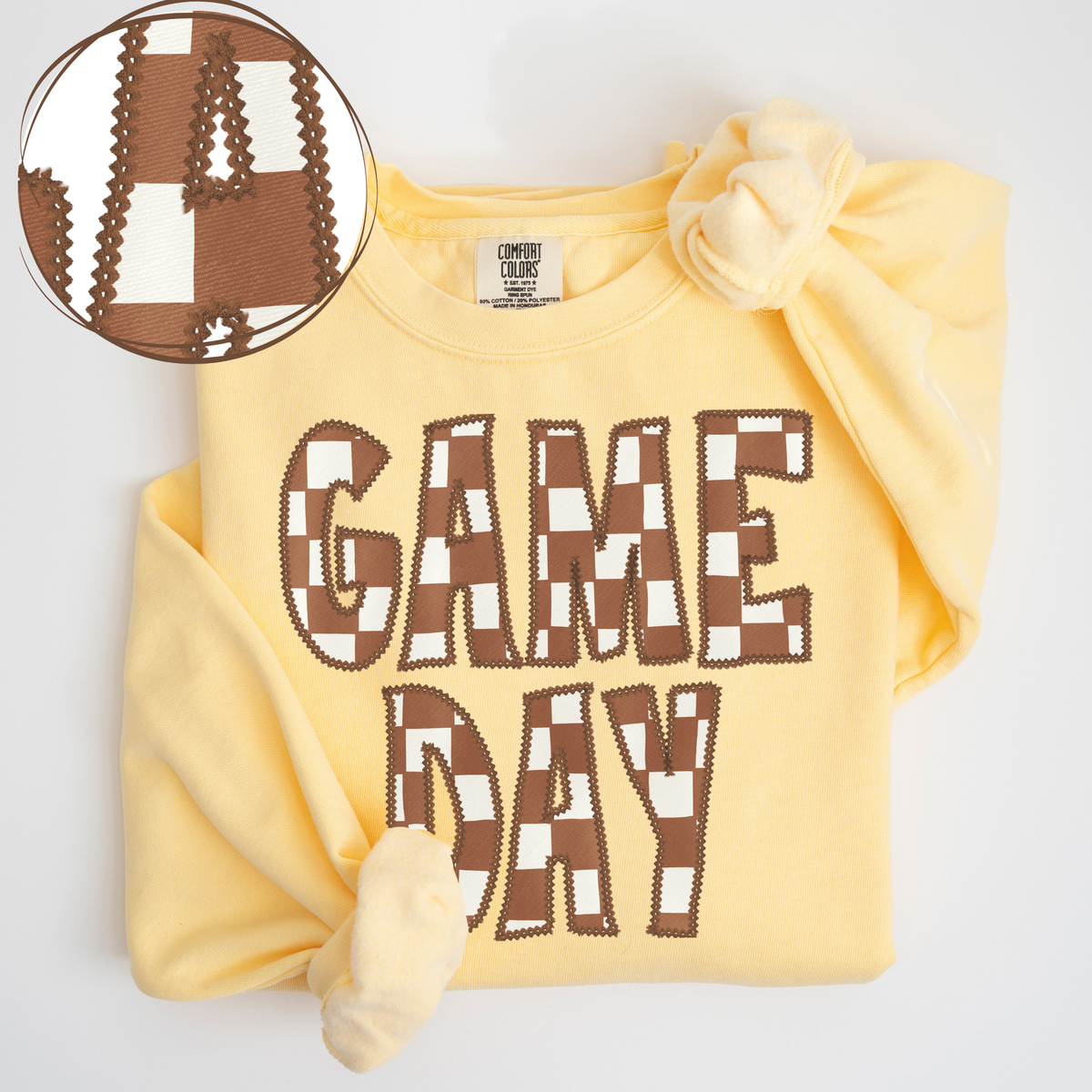 Game Day Stitched Checkered Fabric Digital Design in Brown & White, PNG