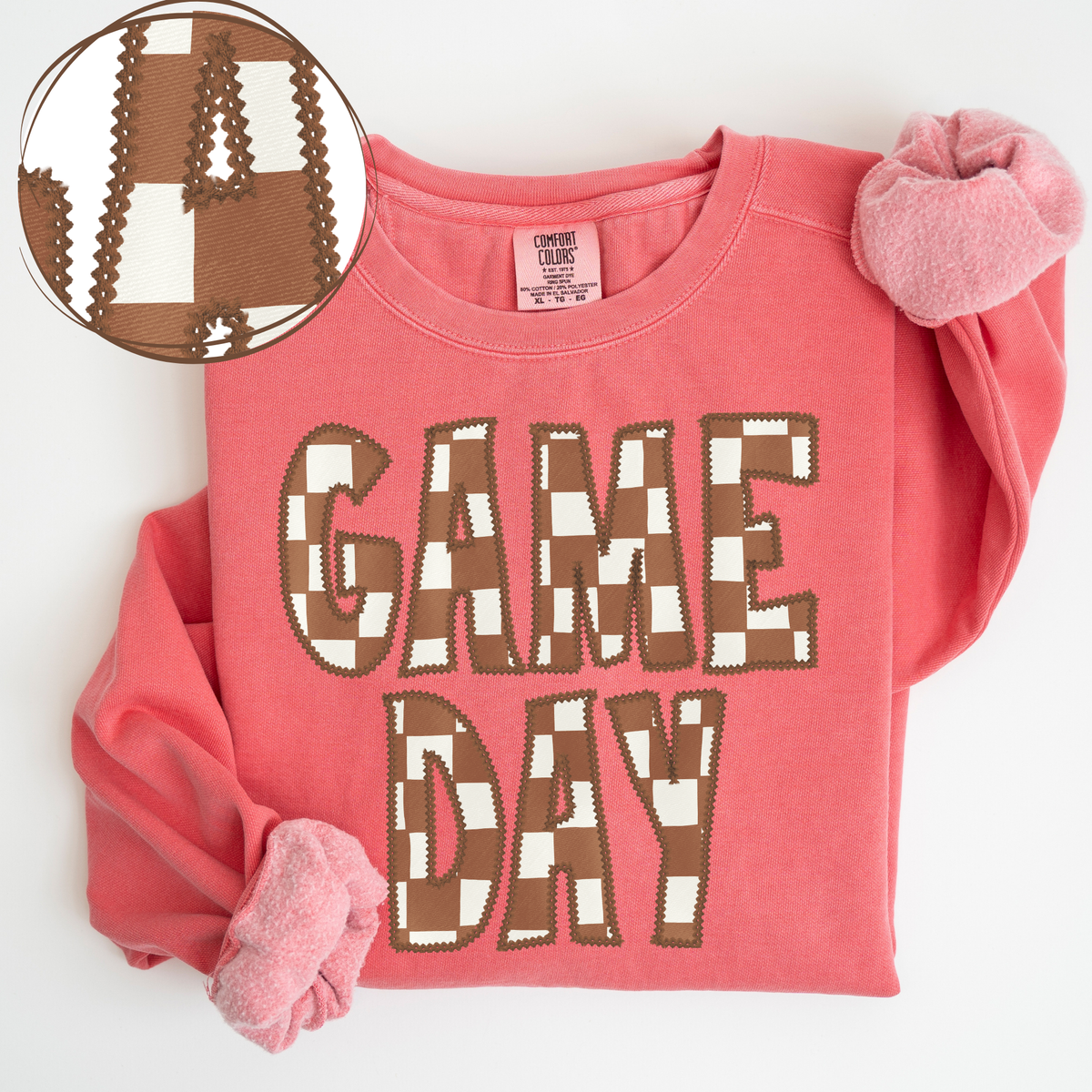 Game Day Stitched Checkered Fabric Digital Design in Brown & White, PNG