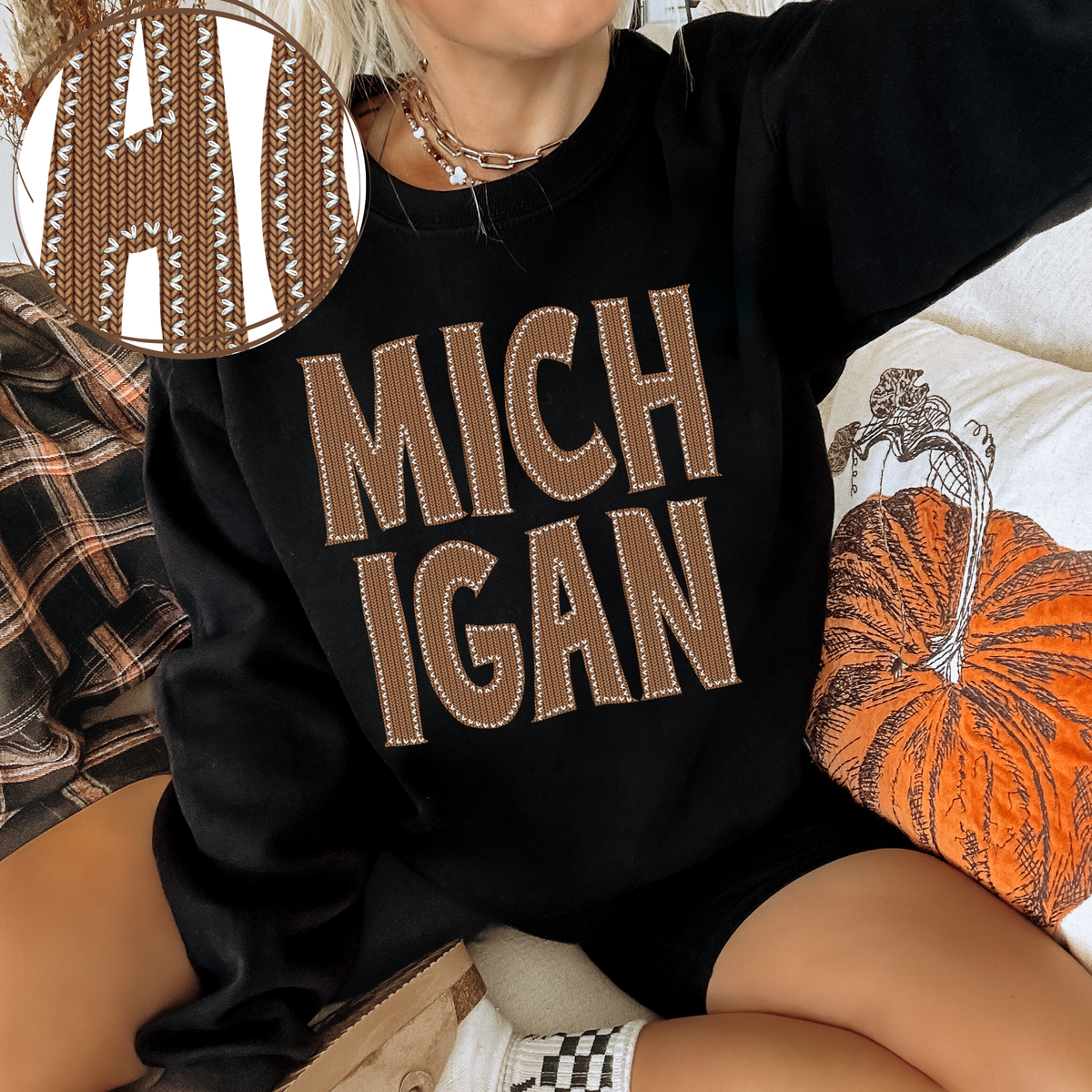 Michigan Knitted Stitched Patch Digital Design in Brown, PNG