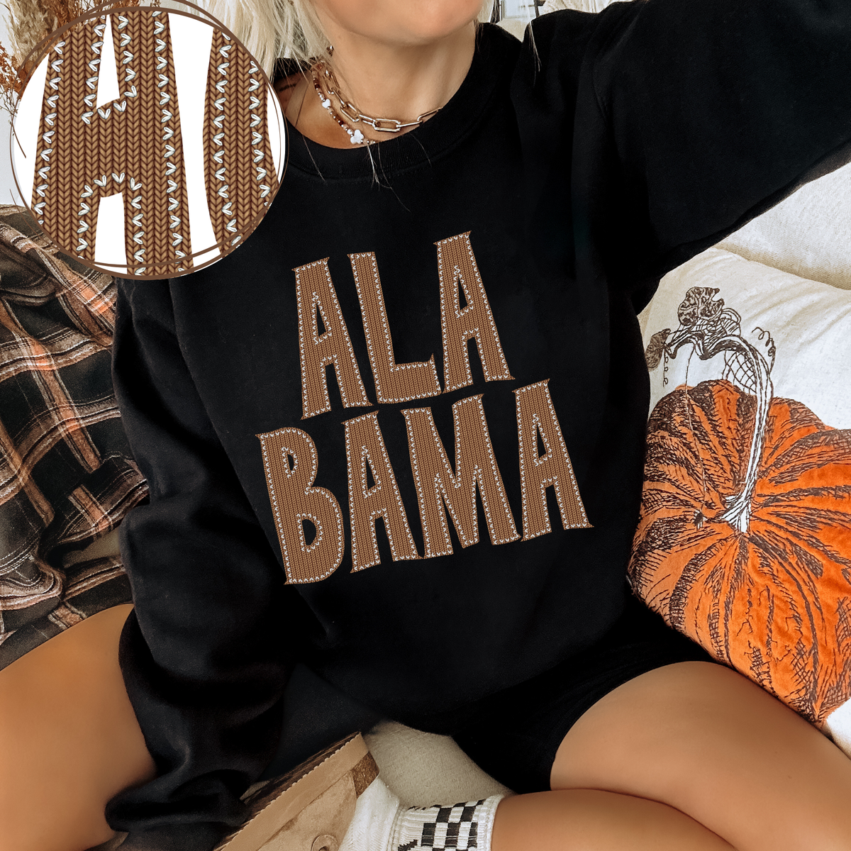 Alabama Knitted Stitched Patch Digital Design in Brown, PNG