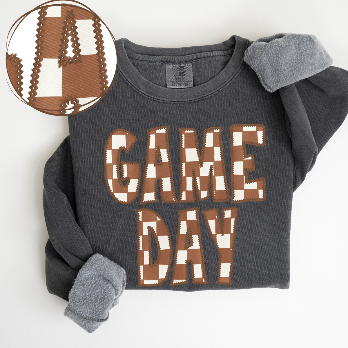 Game Day Stitched Checkered Fabric Digital Design in Brown & White, PNG