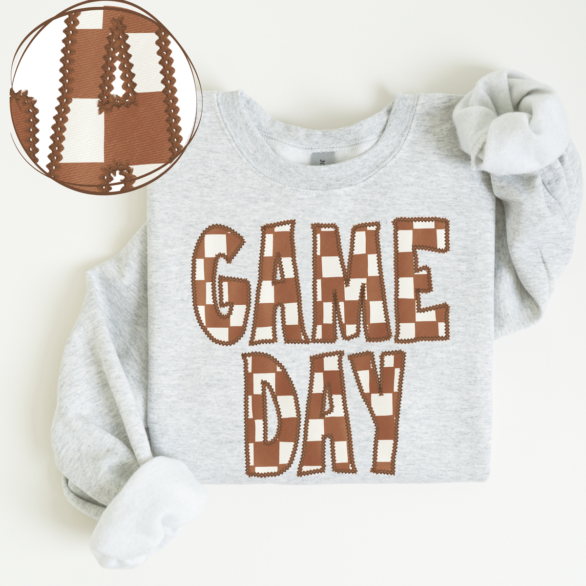 Game Day Stitched Checkered Fabric Digital Design in Brown & White, PNG