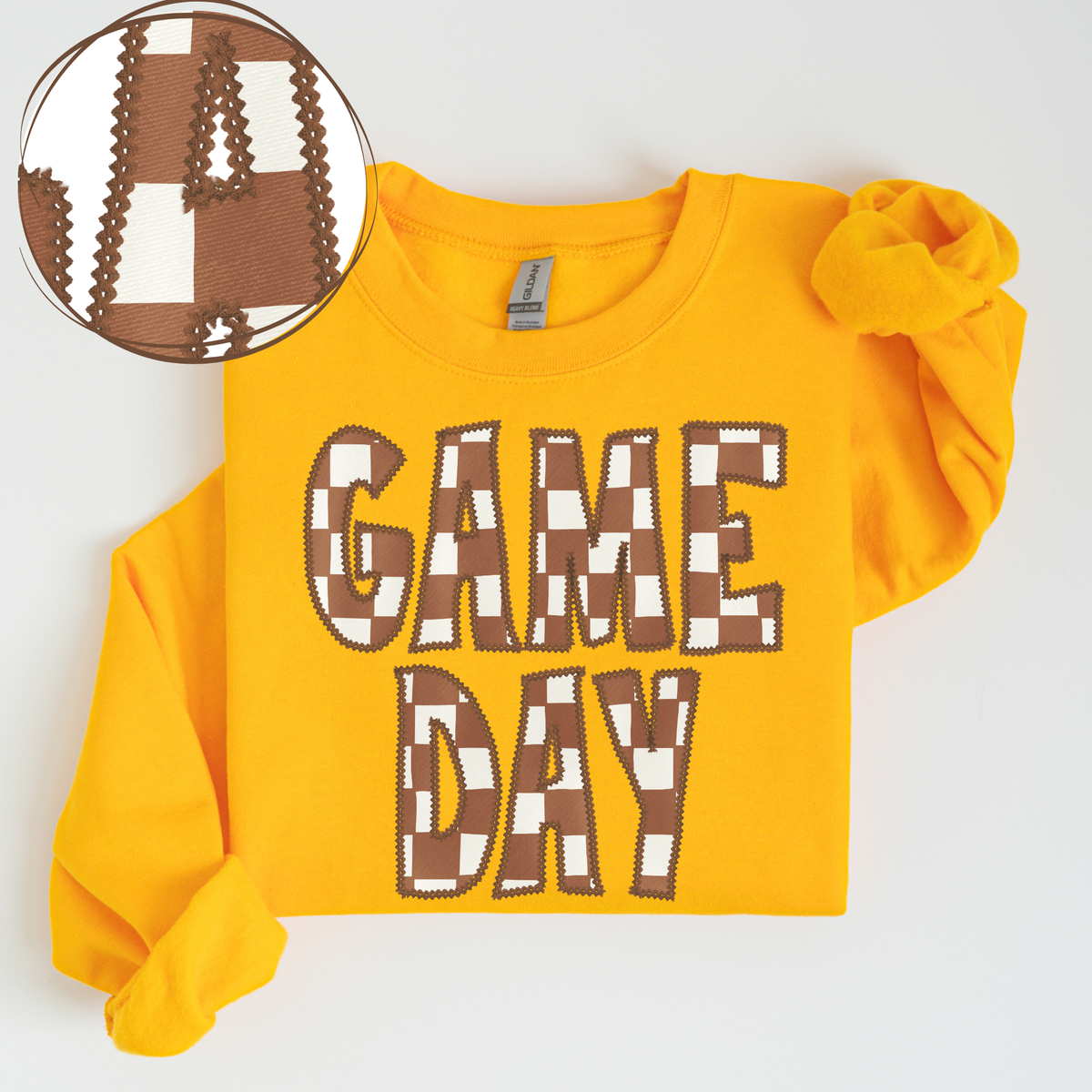Game Day Stitched Checkered Fabric Digital Design in Brown & White, PNG