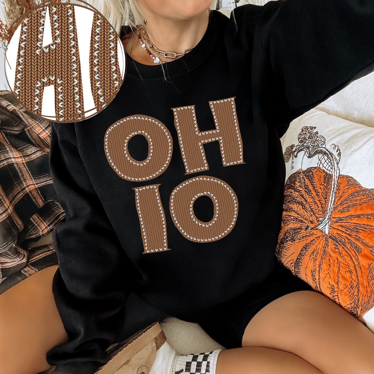 Ohio Knitted Stitched Patch Digital Design in Brown, PNG