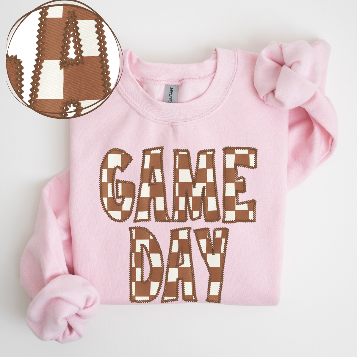 Game Day Stitched Checkered Fabric Digital Design in Brown & White, PNG