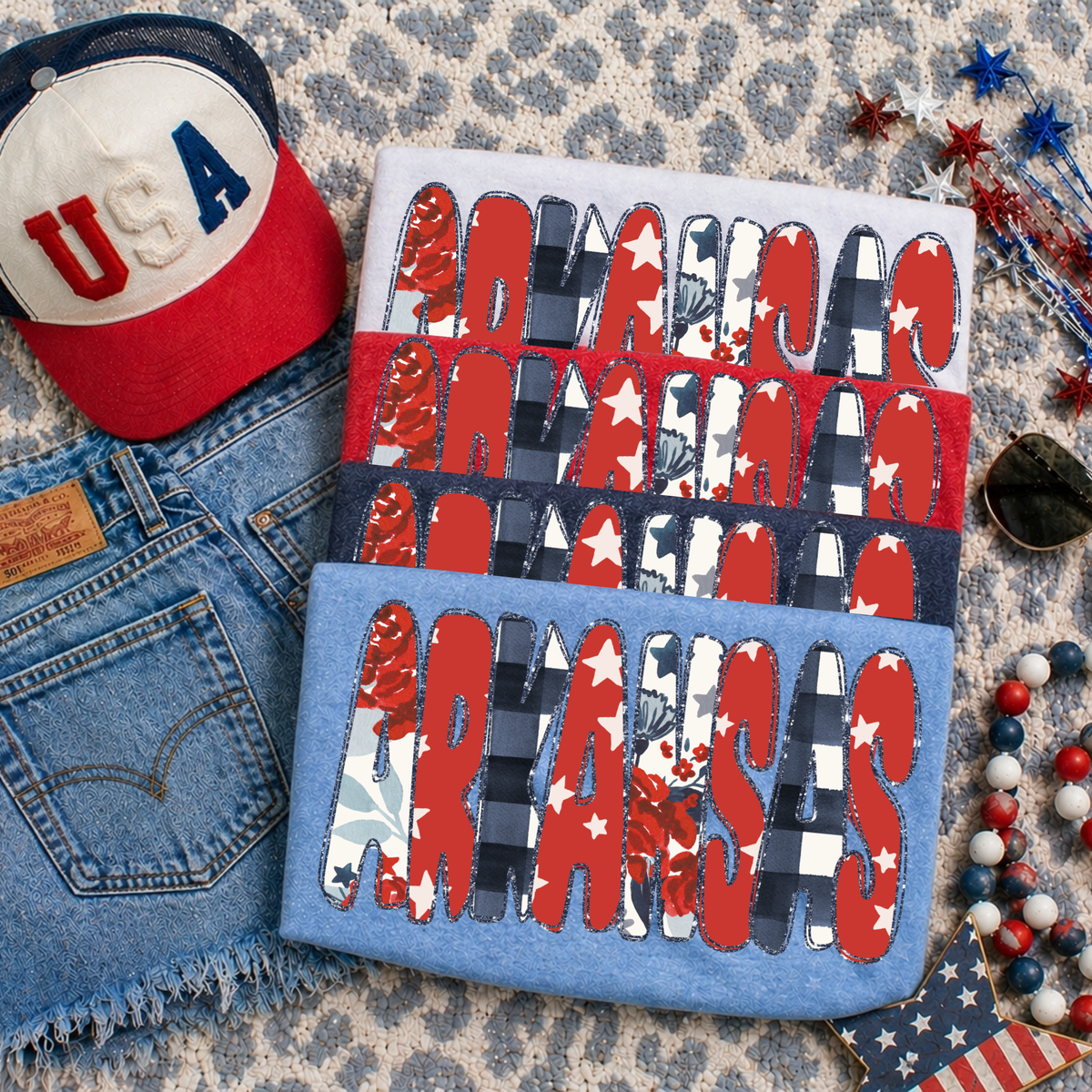 Arkansas Glitter, Floral, Gingham & Stars Patriotic Digital Design, PNG