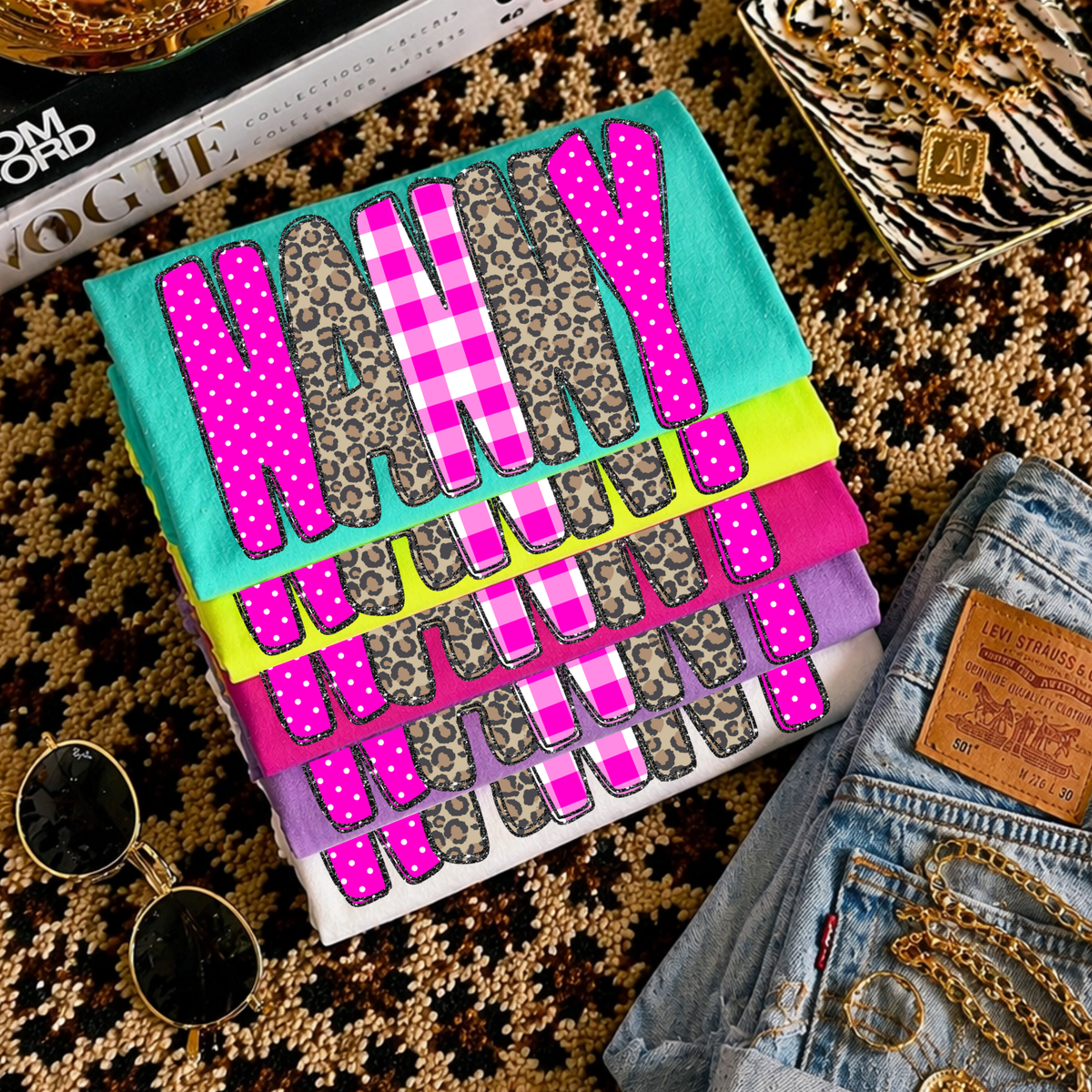 Nanny Leopard Glitter, Gingham & Dot in Bright Pink Digital Design, PNG