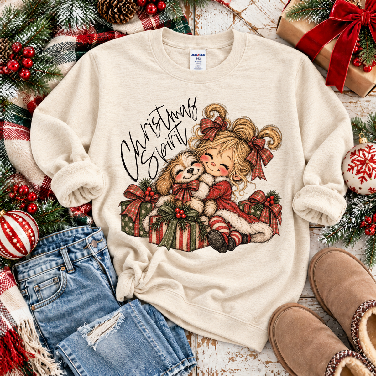Christmas Spirit Girl & Her Dog Digital Design, PNG