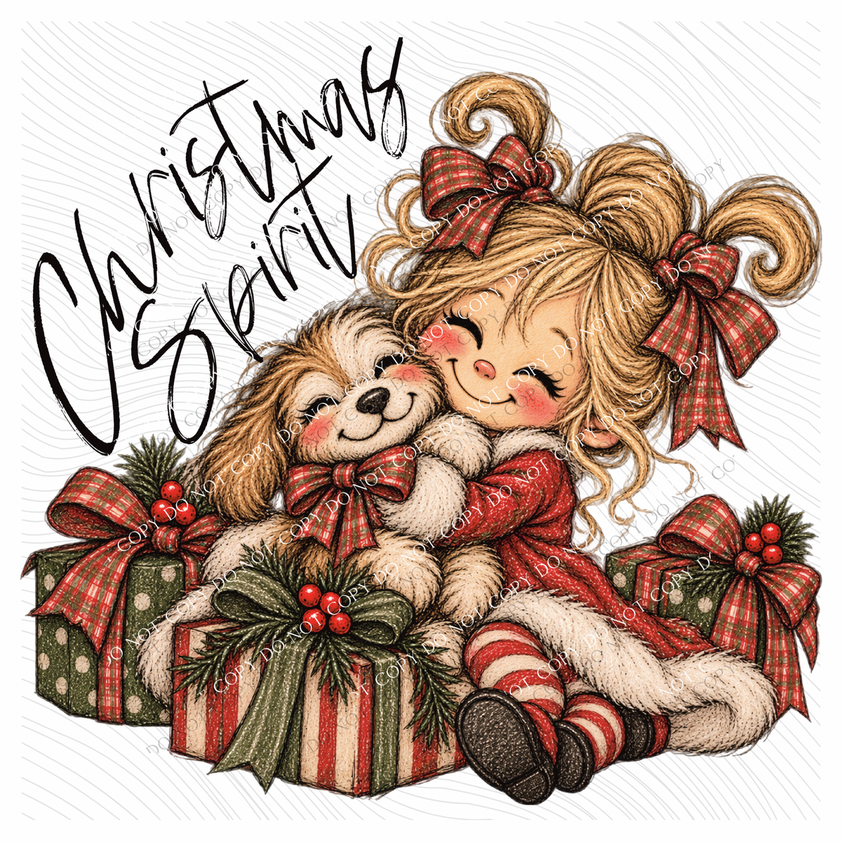 Christmas Spirit Girl & Her Dog Digital Design, PNG