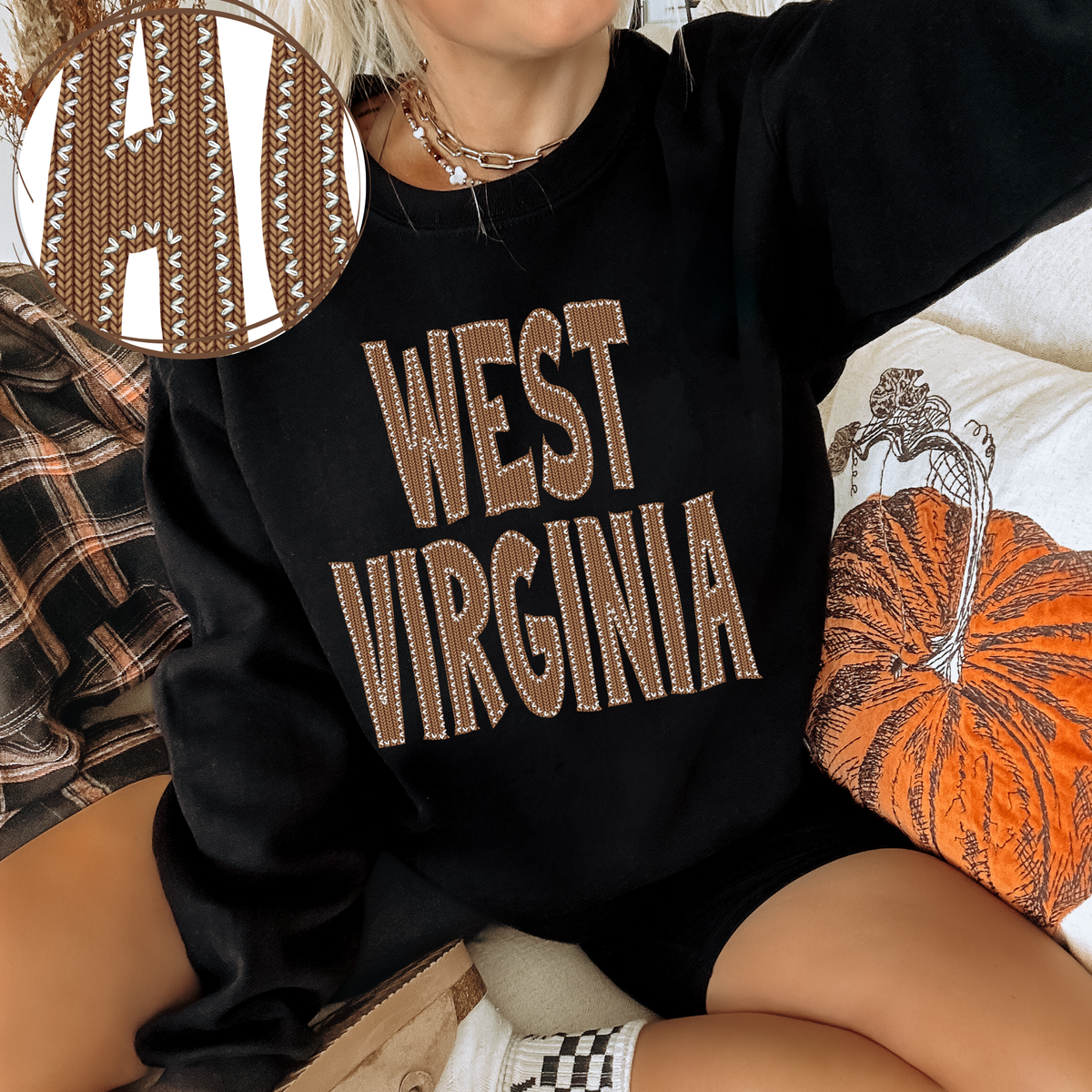 West Virginia Knitted Stitched Patch Digital Design in Brown, PNG