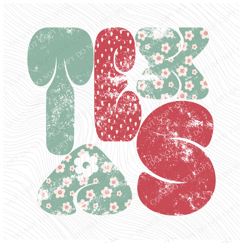 Texas Chubby Retro Distressed Daisies in tones of Greens & Reds Digital Design, PNG
